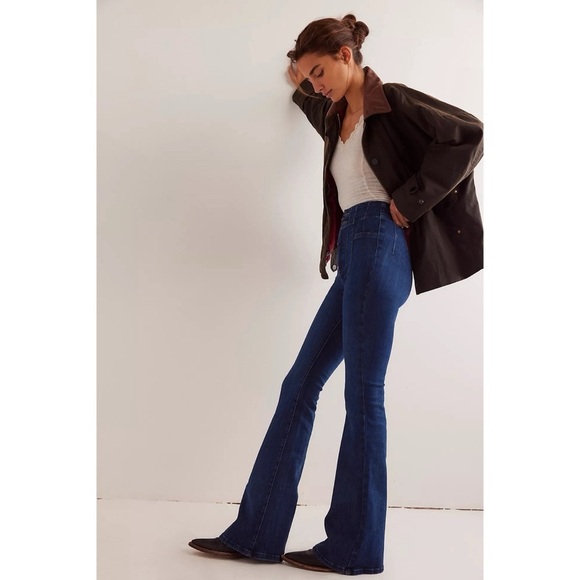 Free People Jayde Flare Jeans High Rise Bell Bottoms in Dark Wash Denim - Picture 3 of 12